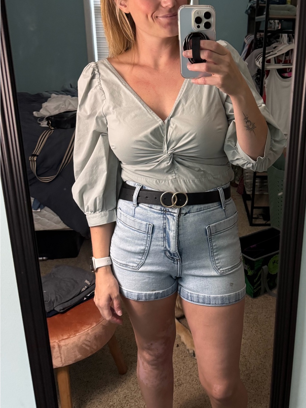 Abercrombie & Fitch Light Sage Twisted Front Puff Sleeve Blouse